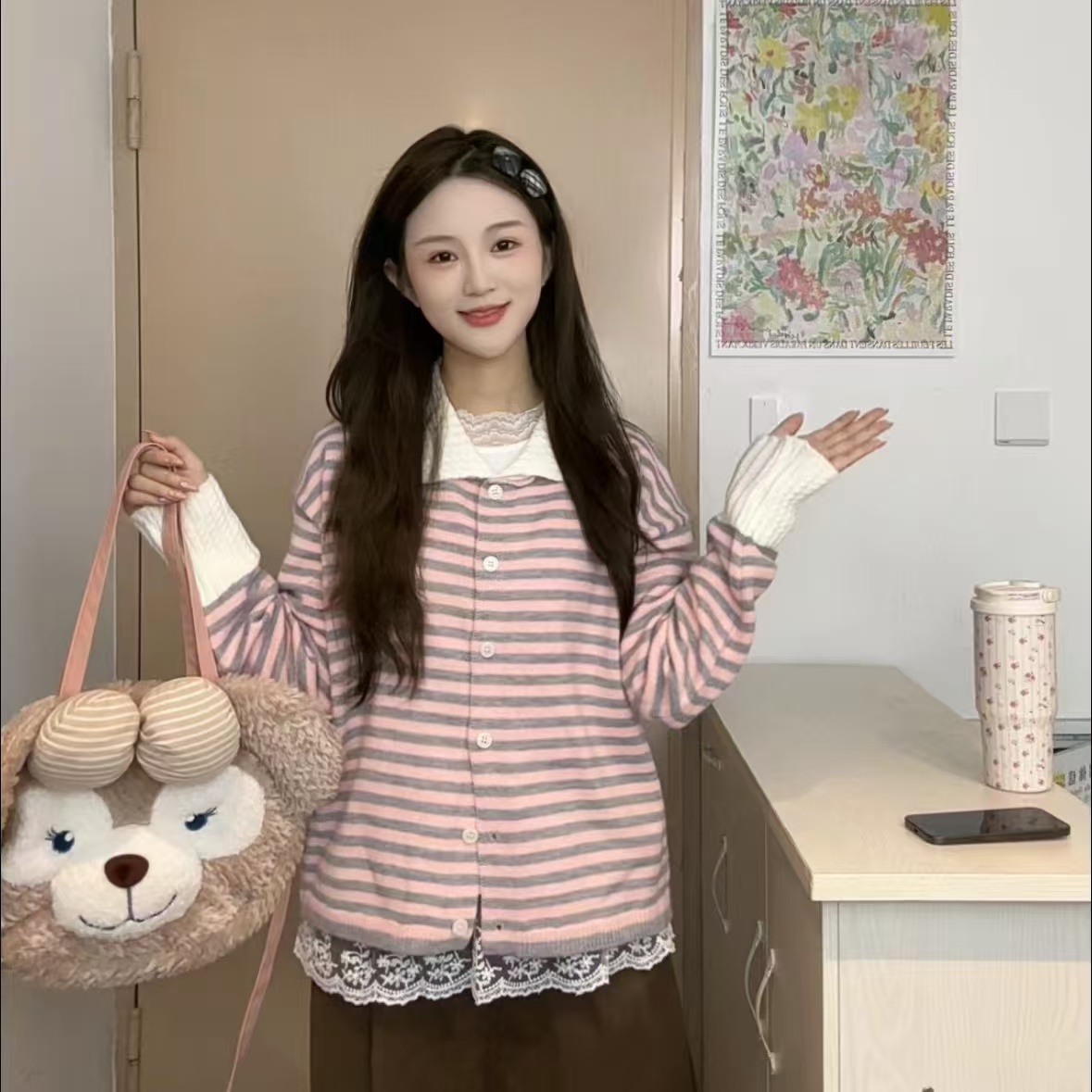 小香风蓝白条纹polo领长袖针织衫女早秋季慵懒松弛感穿搭外套上衣