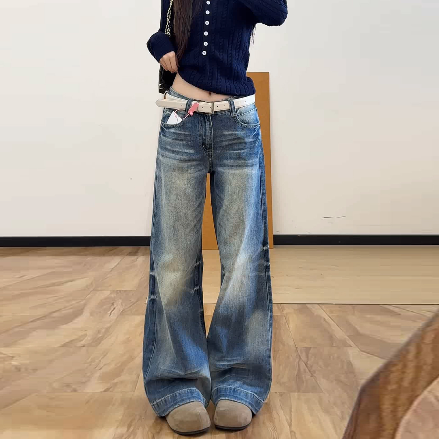 高个子加长美式复古水洗阔腿牛仔裤女秋季高腰宽松显瘦直筒拖地裤