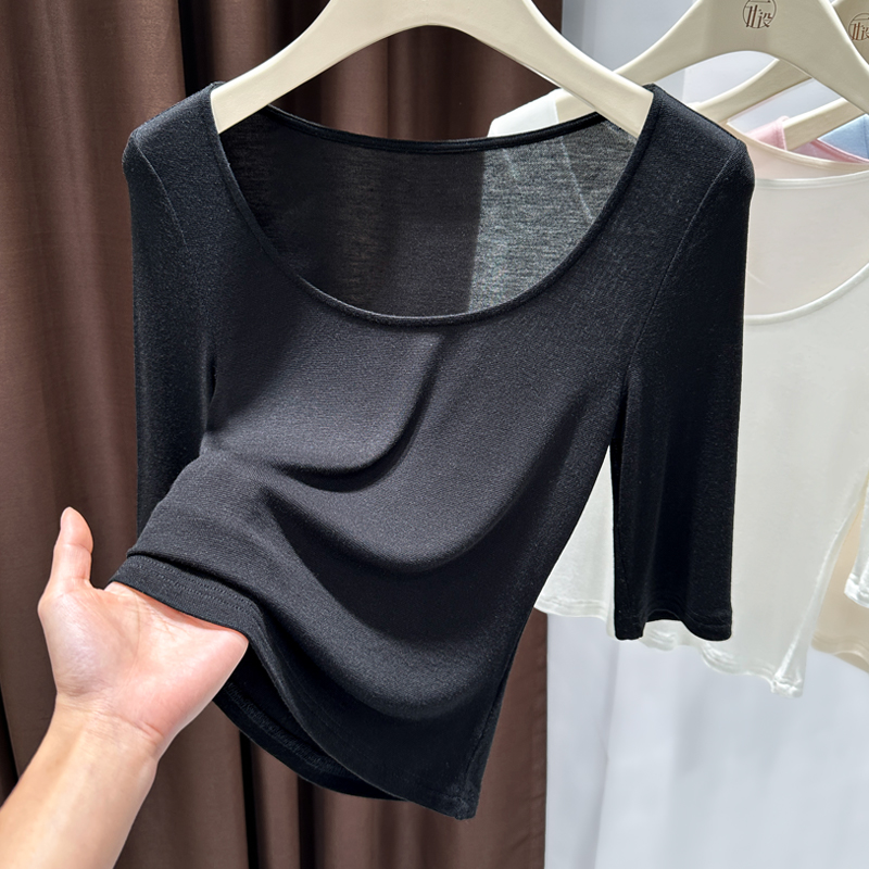 高级感达芙丝格针织低领中袖T恤女夏冰丝面膜打底衫修身春秋上衣