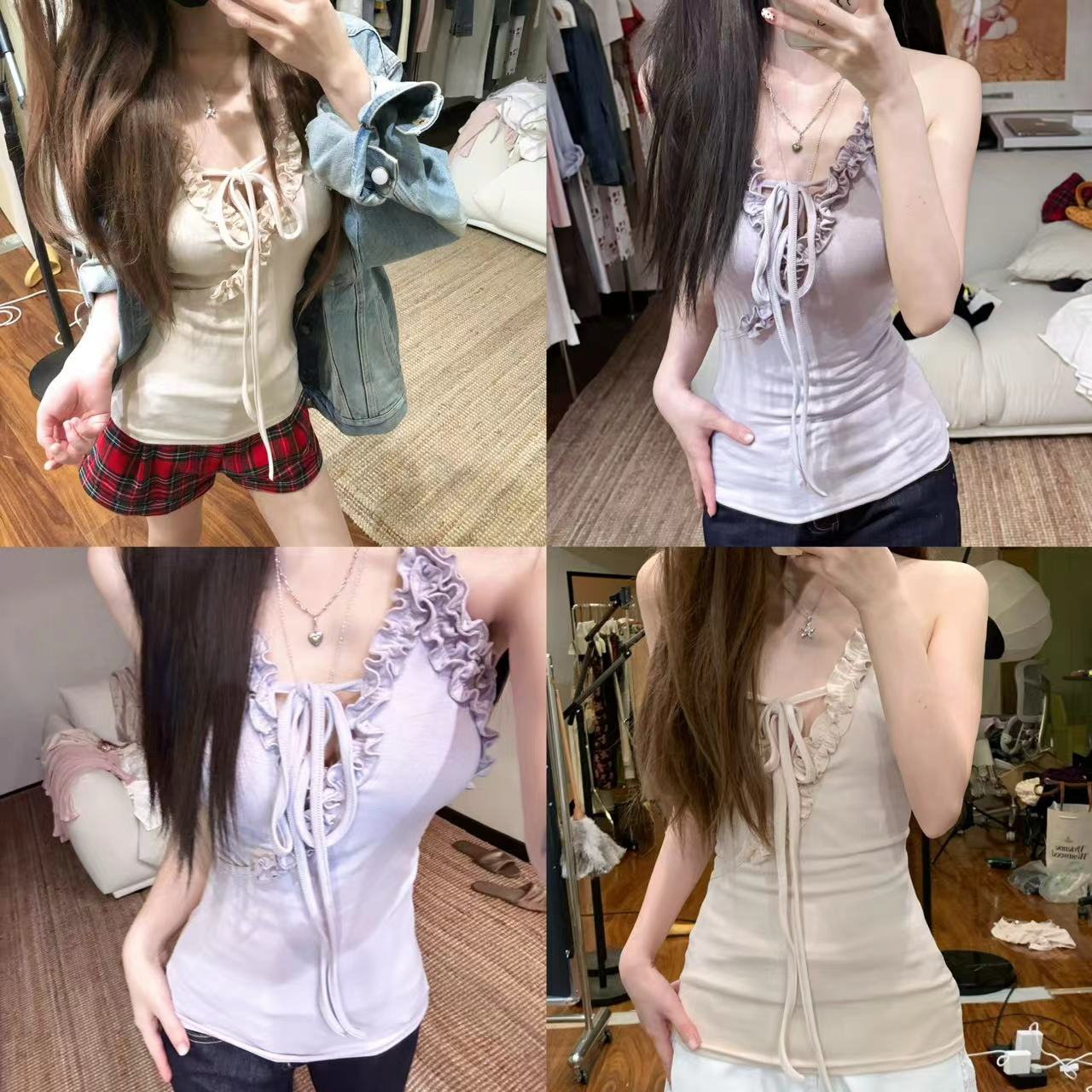 【甜欲抨击】花边褶皱挂脖吊带甜美小众法式通勤外穿背心65896