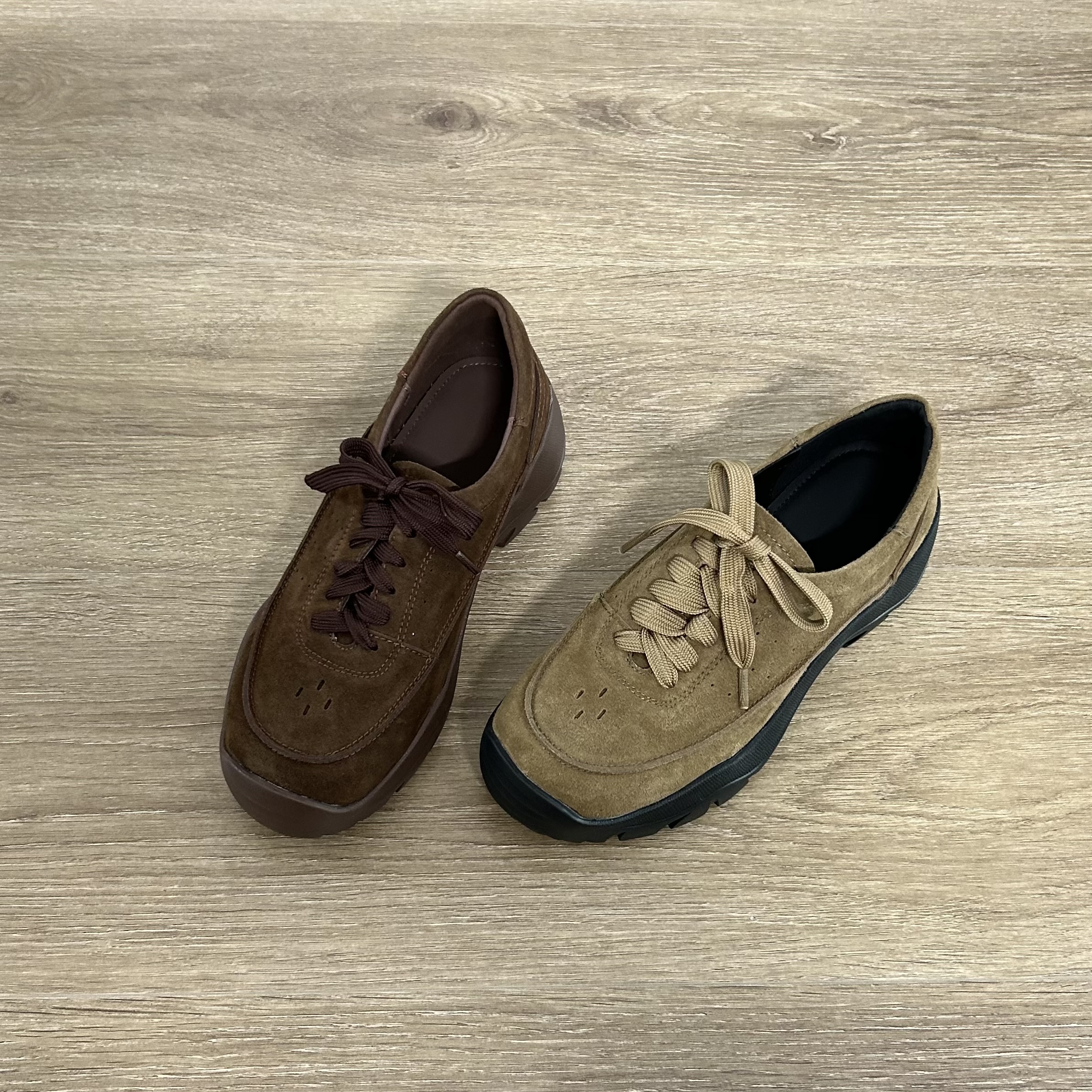 Dannyfrey复古牛翻皮系带增高德训鞋圆头舒适低帮休闲单鞋3.5CM