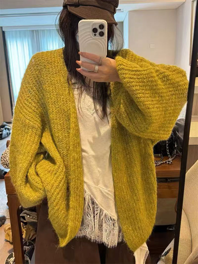 灯笼袖中长款韩版氛围松弛感穿搭慵懒长袖针织毛衣大开衫外套