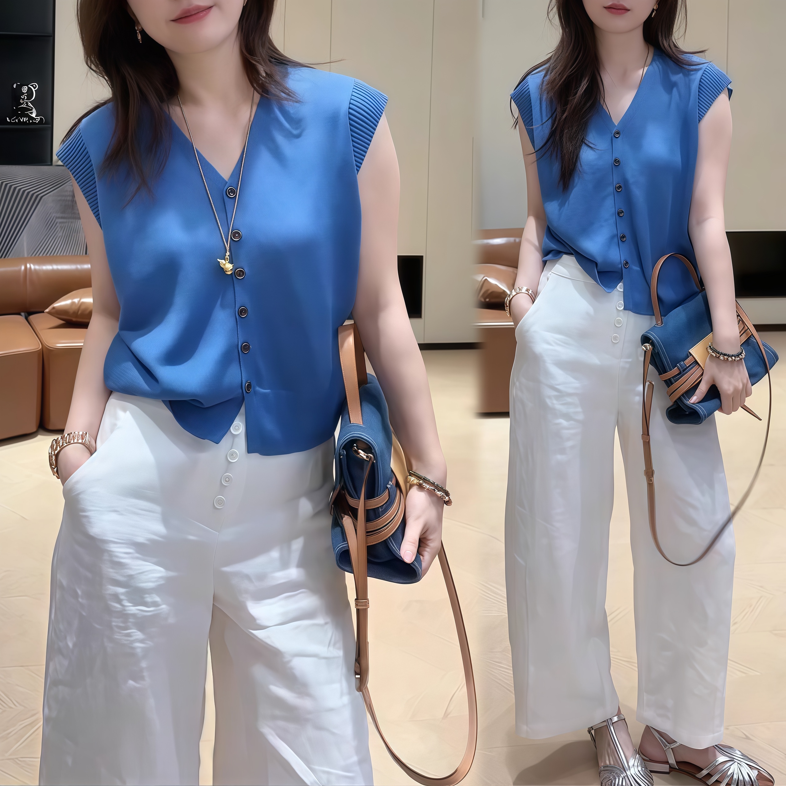 2025年夏季新款简约纯色单排扣V领针织短袖女气质百搭设计感上衣
