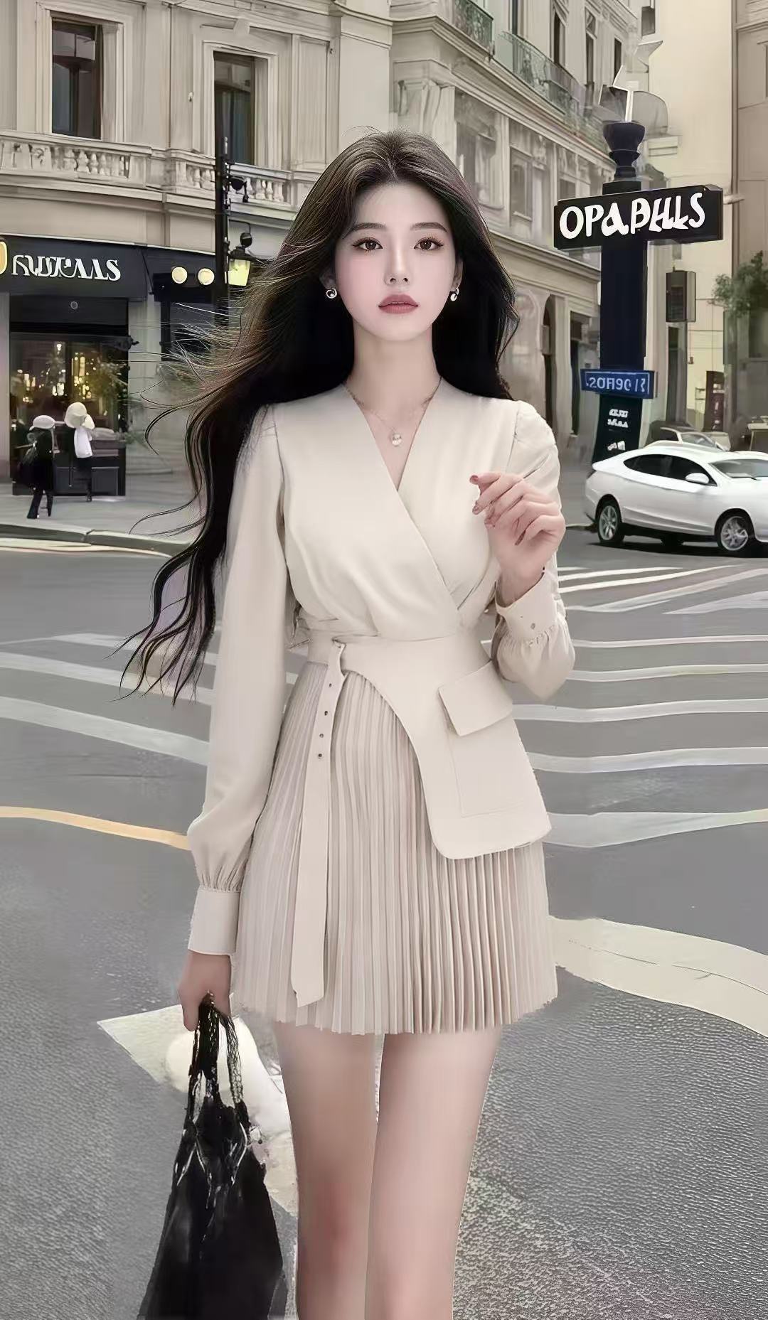 轻奢气质显瘦减龄休闲风杏色V领长袖收腰小众设计氛围感连衣裙