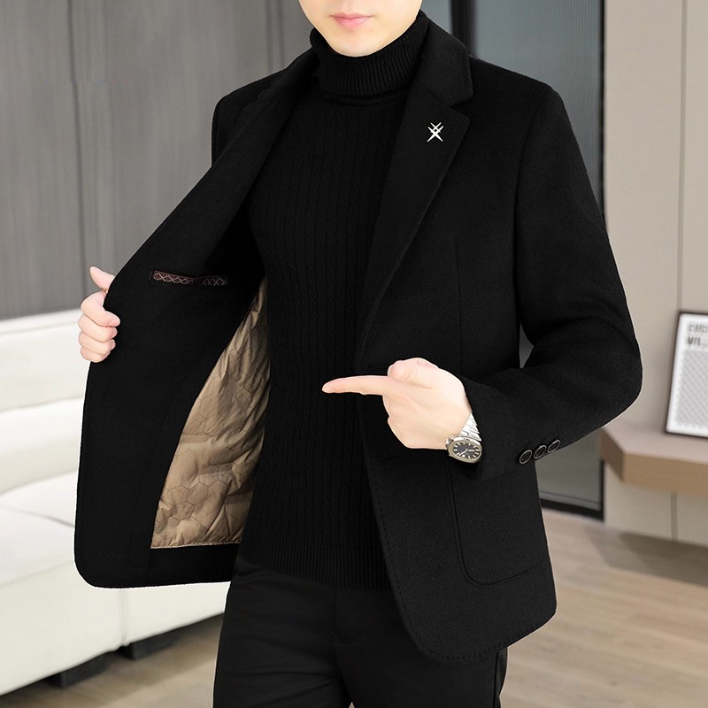 毛呢西服男加厚2025秋冬季内胆羽绒呢子外套男士双面羊毛呢西装潮