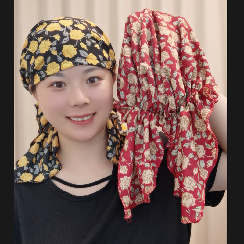 秋季新款包头帽子女洋气玫瑰花朵遮白发飘带帽薄布妈妈帽海盗帽