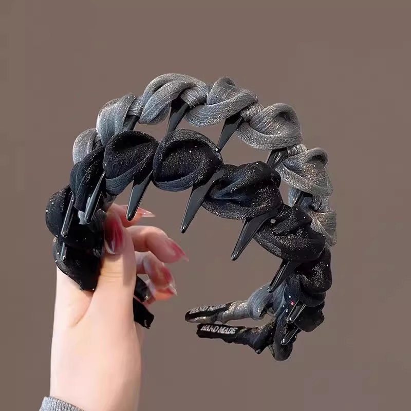 2025新款小香风珠光网纱发带女防滑带齿纹理感日常外戴高颅顶头箍