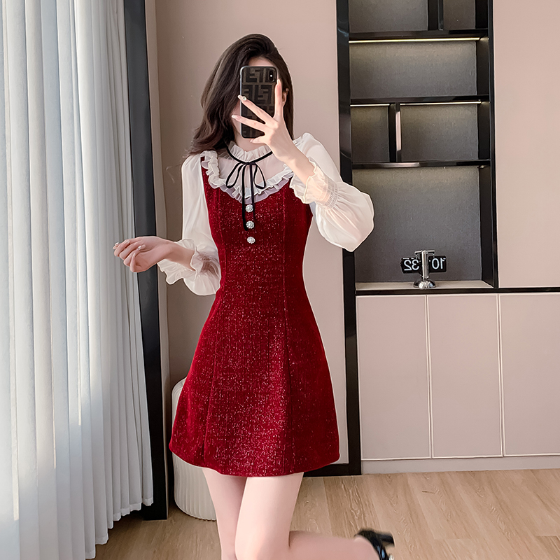 2025秋季新款法式名媛裙子小个子女秋冬打底假两件修身显瘦连衣裙