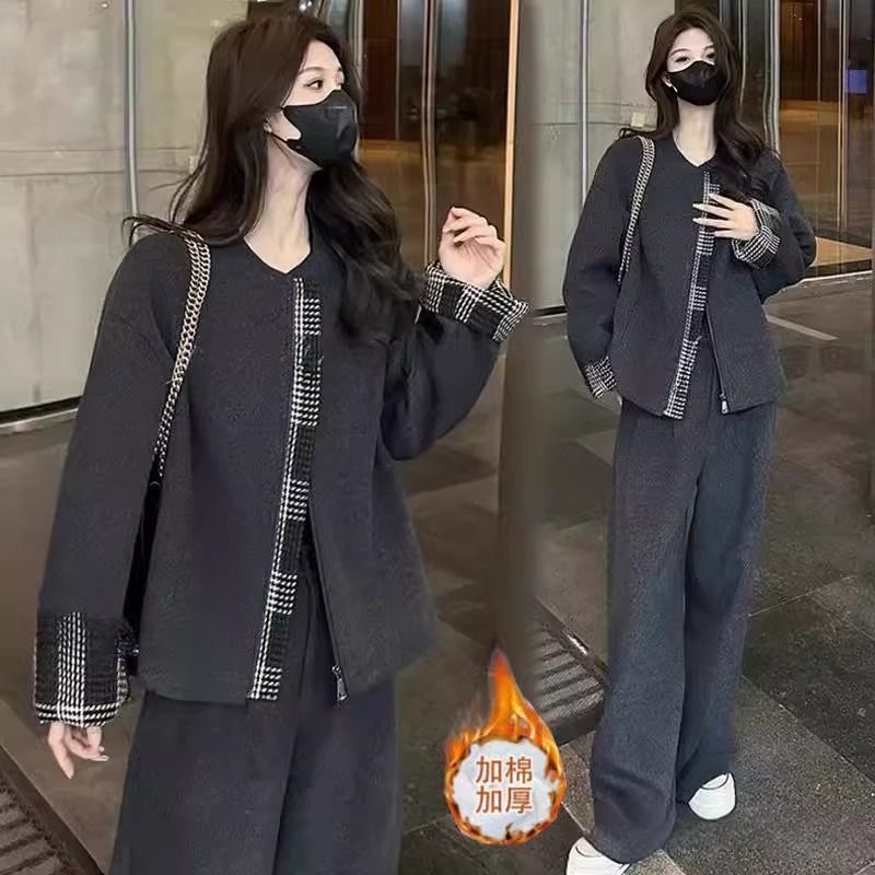 大码小香风减龄套装女冬季新款气质显瘦加棉加厚外套阔腿裤两件套