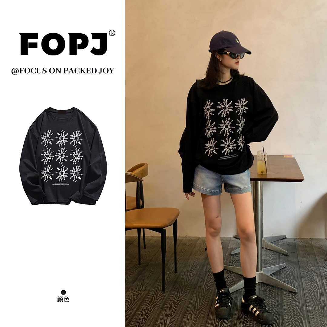 FOPJ春秋季新款复古太阳花休闲百搭长袖T恤女设计感圆领打底上衣