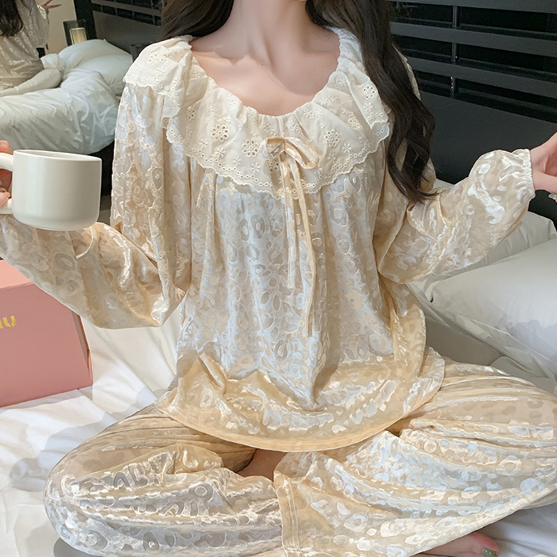 【星】睡衣女秋冬季少女甜美蕾丝甜美花边长袖长裤家居服套装2035