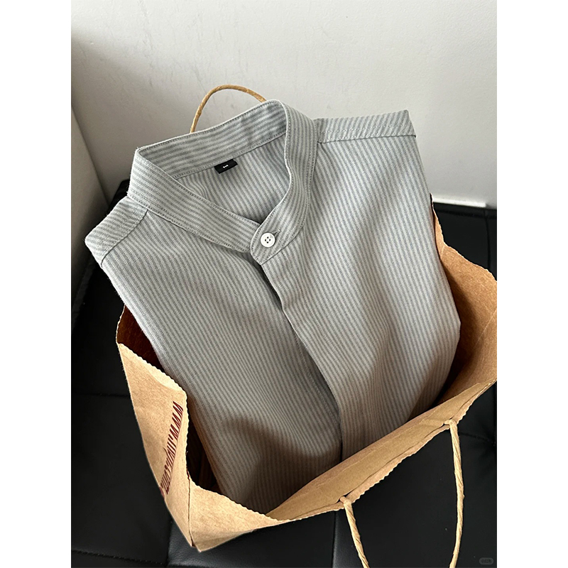 黑色竖条纹立领长袖衬衫男女秋季慵懒松弛感衬衣百搭休闲叠穿外套