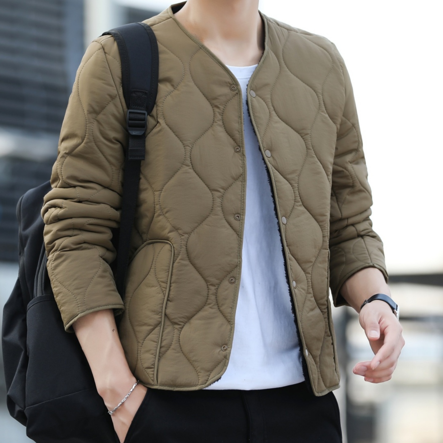 【清仓】男士短款加绒棉衣加厚保暖内胆无领内穿打底高级感男装