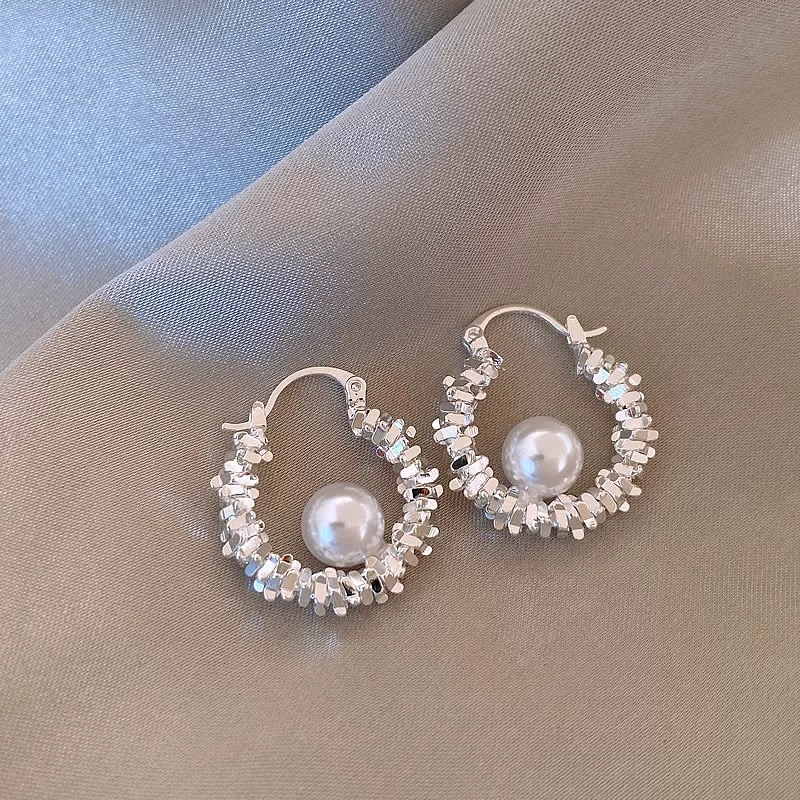 铜合金耳饰 S925银针碎银珍珠耳环女2025新款耳钉小众设计感耳饰