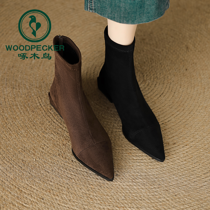 啄木鸟弹力瘦瘦靴女2025新款秋冬显瘦后拉链裸靴平底法式尖头短靴