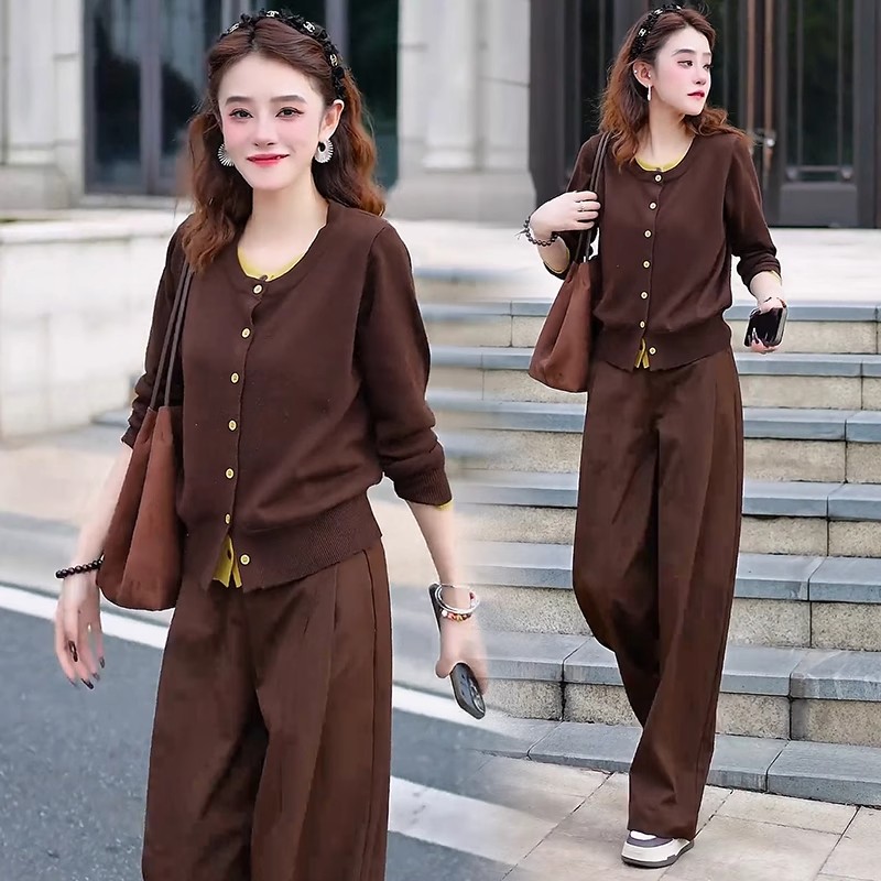 拉夏贝尔时尚套装女2025秋季新款显瘦针织衫上衣阔腿裤减龄两件套