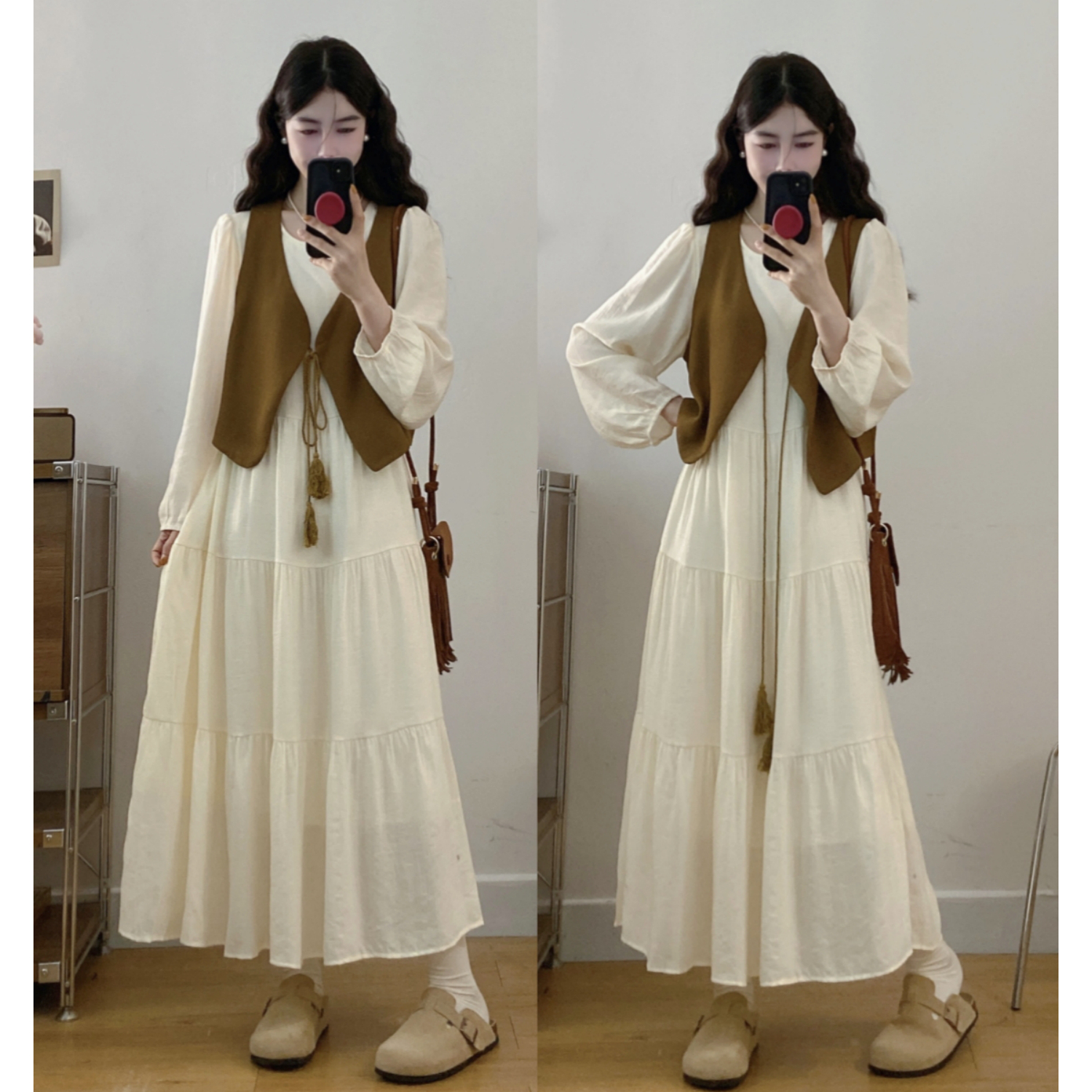 运费险大码早秋新款长袖连衣裙套装马甲文艺宽松显瘦两件套装裙子
