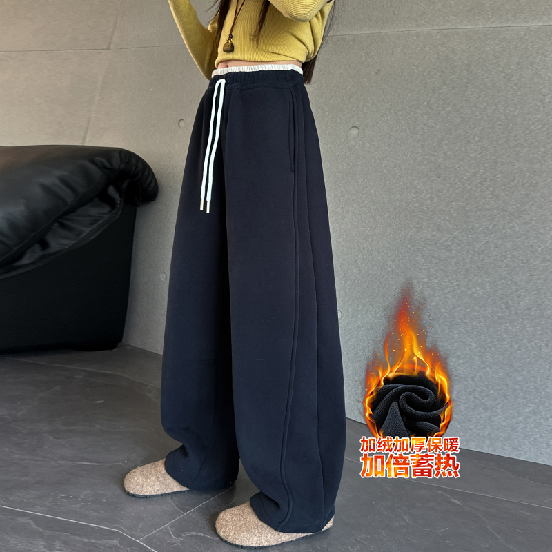 女童加绒裤子秋冬潮款新款儿童一体绒休闲裤冬季女大童宽松运动裤