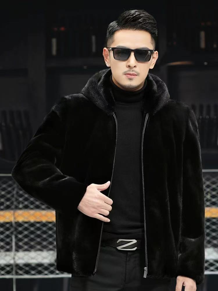 【正品】男士休闲外套冬季加厚百搭秋冬黑色皮一草保暖连帽海宁时尚
