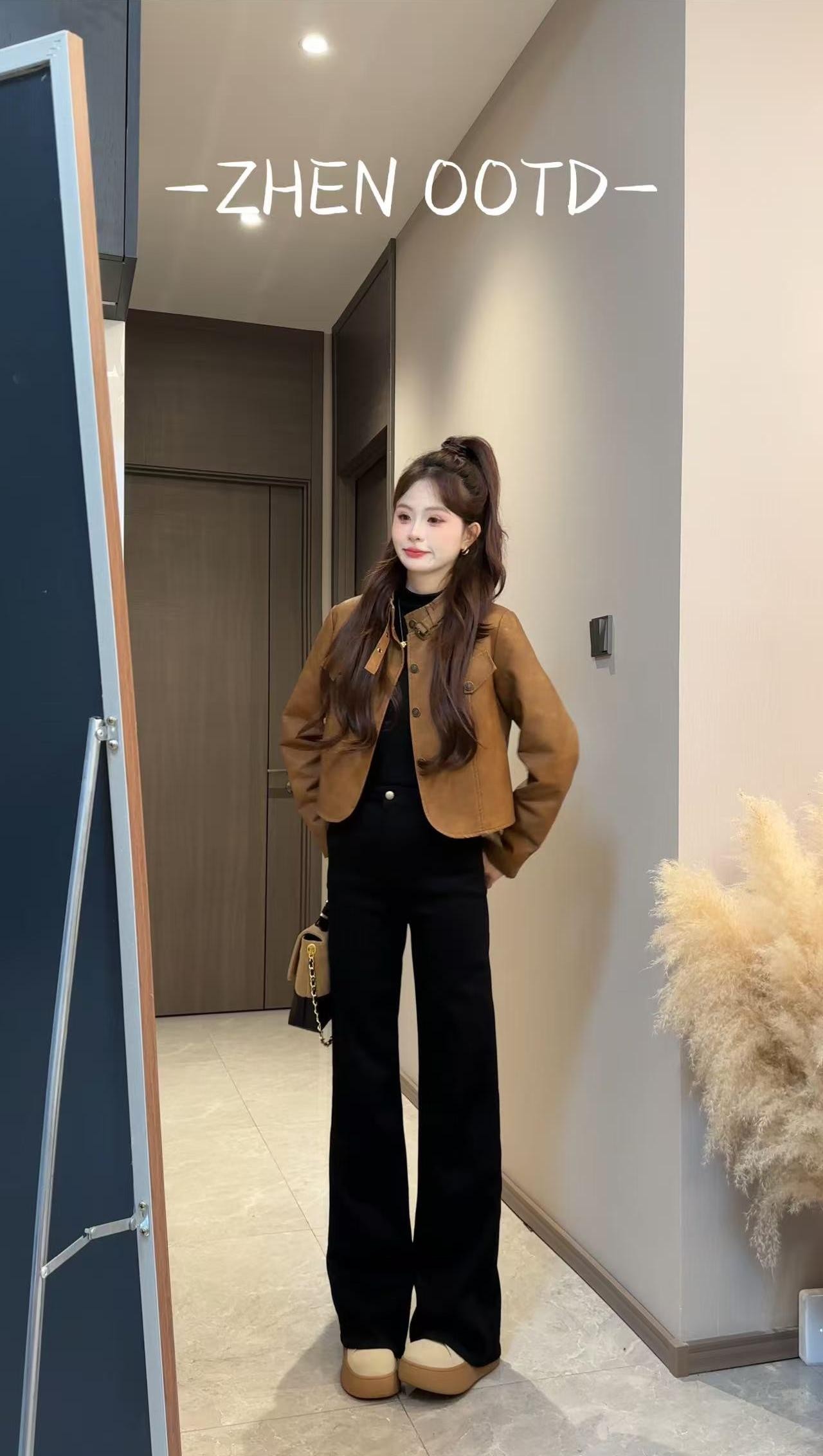 美拉德2025早秋新款潮牌美式复古气质皮面外套女简约高腰短款2320