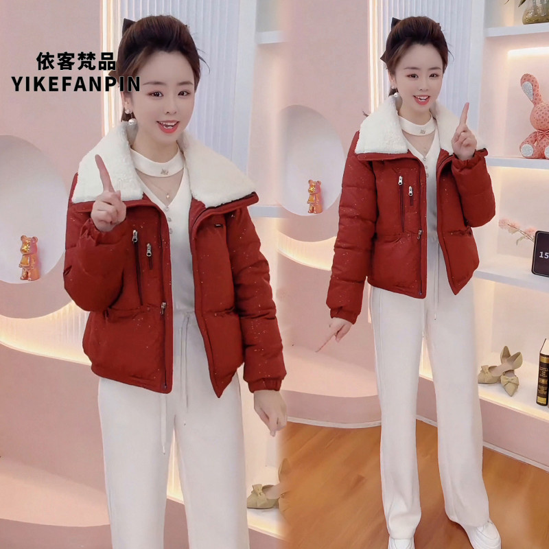 『依客梵品』时尚毛翻领短款棉服女2025冬季新款加绒加厚百搭显瘦小