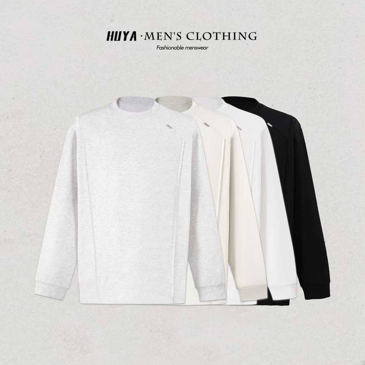 【丹丹专属】男款圆领长袖秋季拼接高级纯色百搭休闲透气T恤 H532