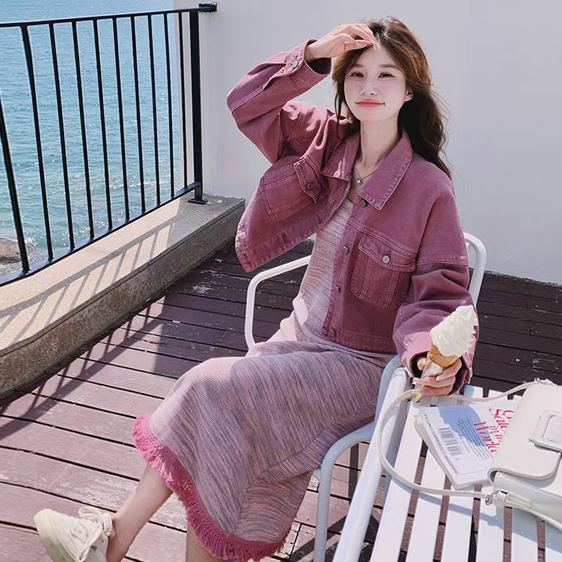 韩系穿搭一整套牛仔外套吊带裙套装女秋2025新款针织连衣裙两件套
