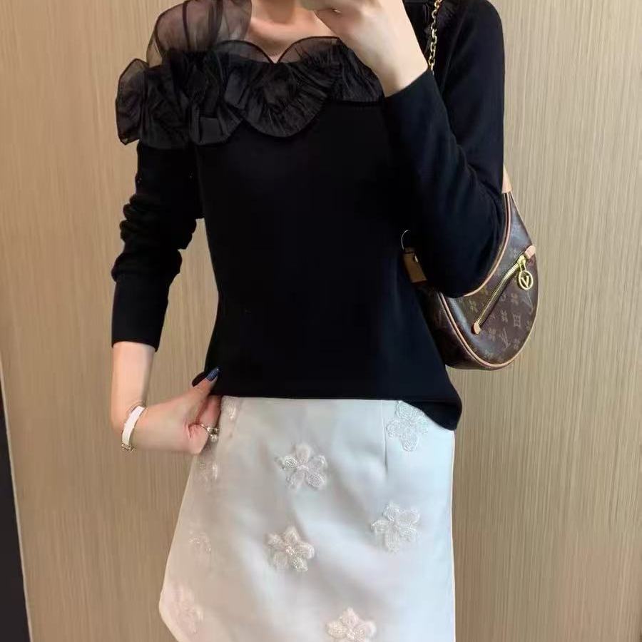 法式高级感气质网纱拼接上衣女士2025秋季新款修身显瘦露肩打底衫