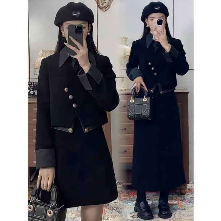 拉夏贝尔小香风时尚套装2025春秋假两件短款外套高腰半身裙两件套