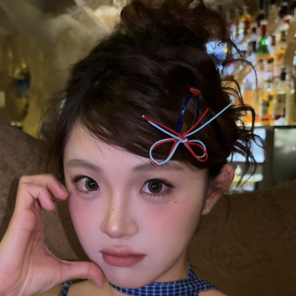 红蓝CP～蓝色撞色皮质蝴蝶结发夹女高级感侧边刘海碎发BB夹头饰