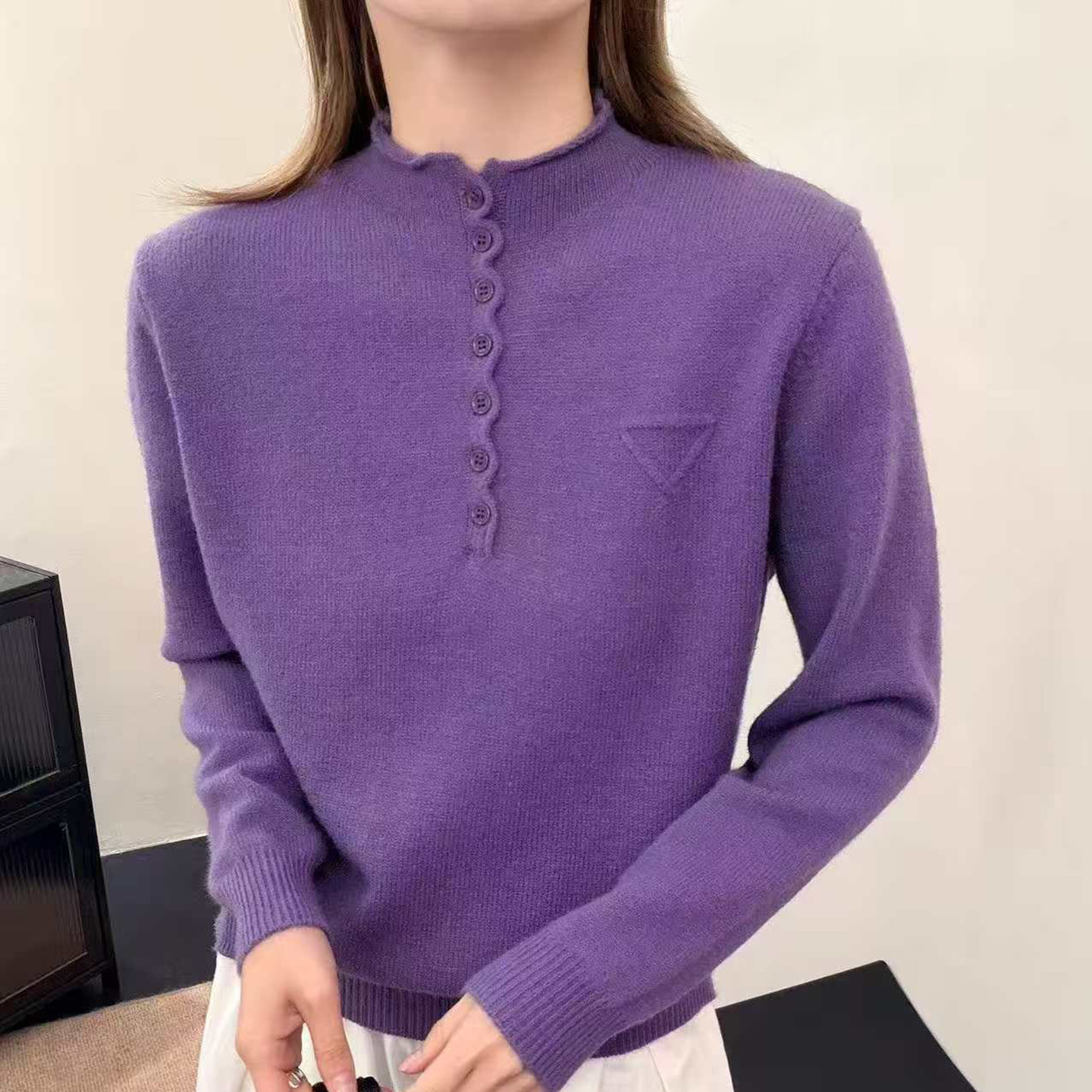 品牌官方秋冬女士半开半高领针织衫波浪设计感洋气百搭休闲打底衫