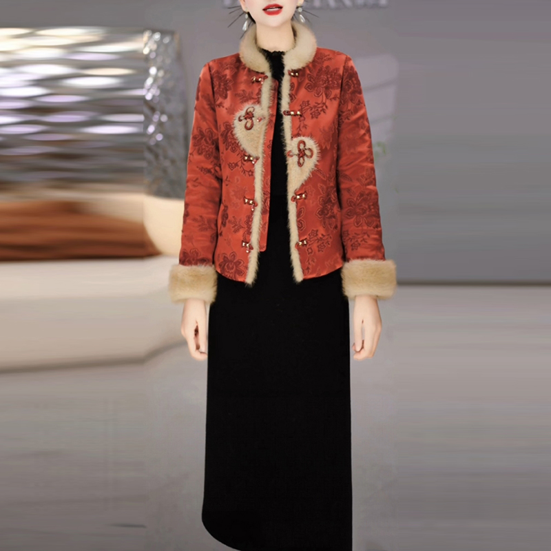 云锦缎夹棉加厚套装裙2025冬季新款气质保暖中式国风两件套连衣裙