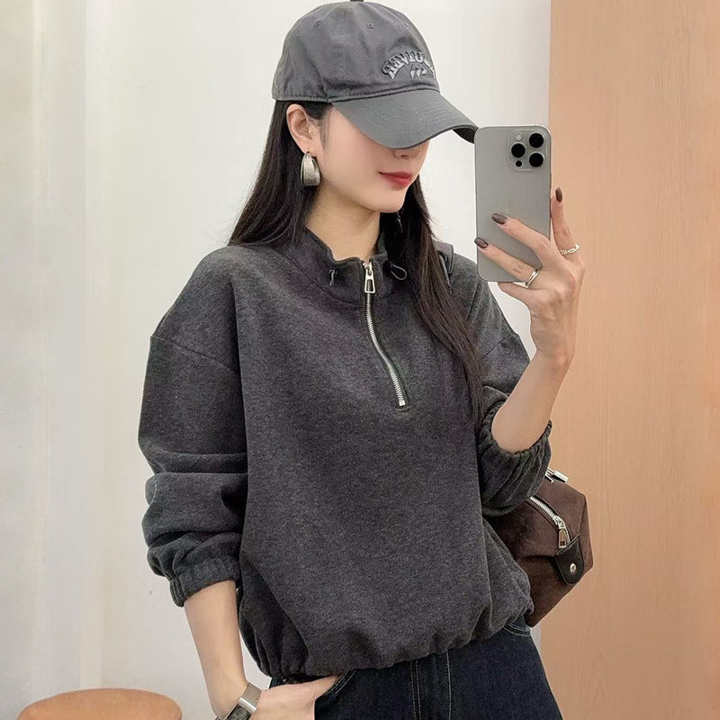 慵懒风时尚休闲宽松洋气立领半拉链长袖卫衣女2025秋冬新款上衣潮