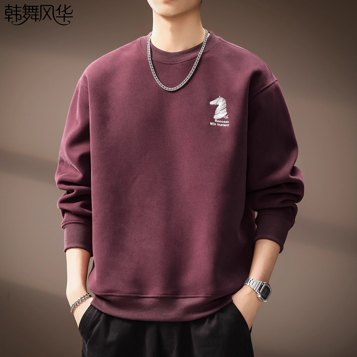 韩舞风华美式简约刺绣卫衣男2025秋季新款潮流圆领宽松休闲打底衫