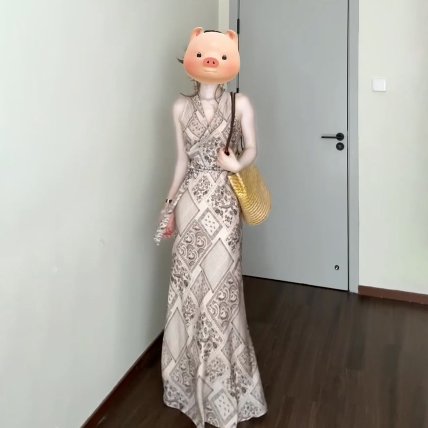 【现货+运补】法式印花挂脖吊带波西米亚老钱度假风长裙5297