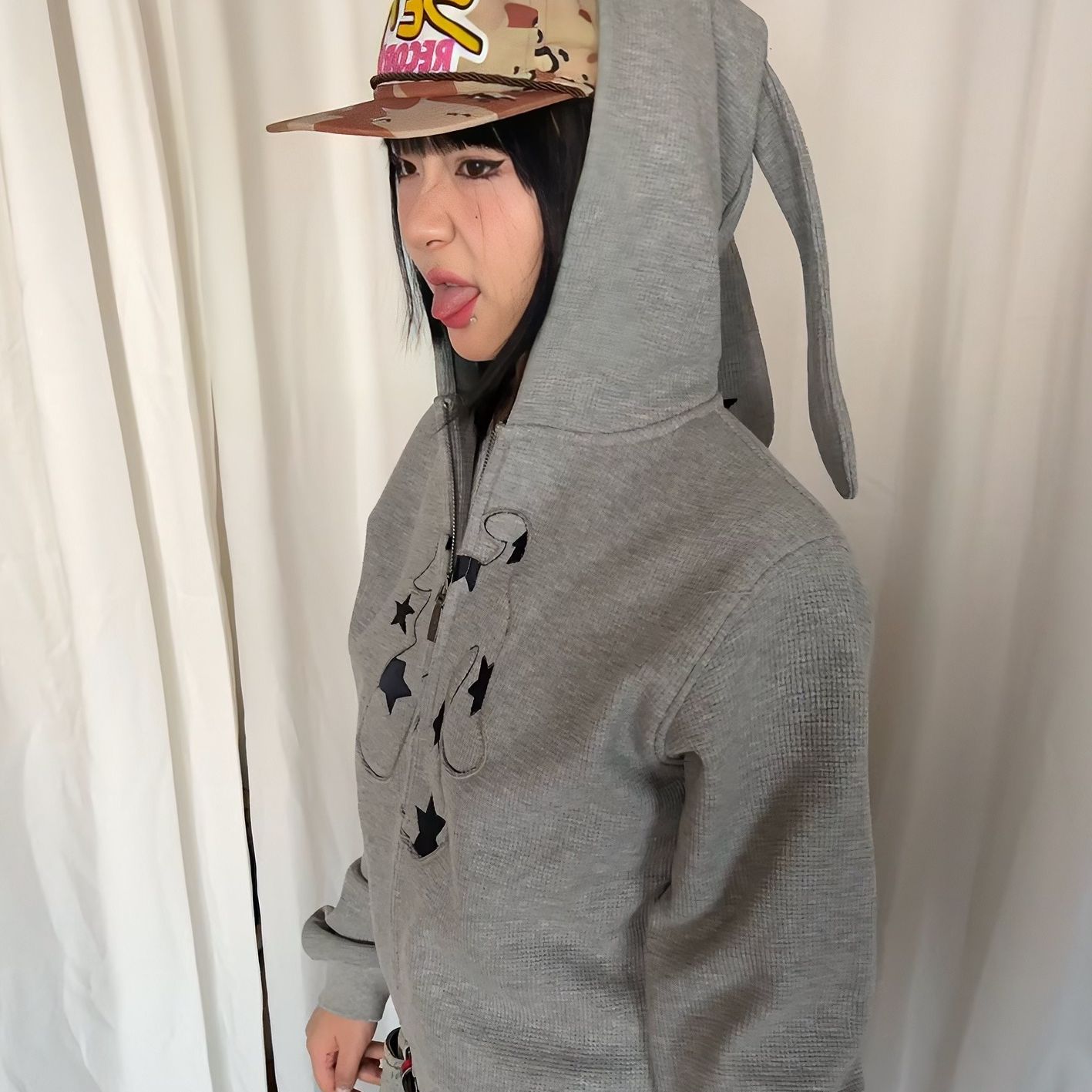 QYao Girls美式复古华夫格拉链卫衣兔耳朵刺绣短款外套夹克上衣女