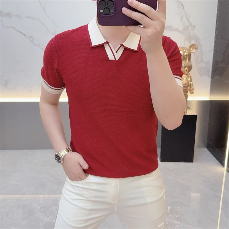 2025欧货轻奢男士针织冰丝短袖T恤男POLO剪刀领纯色百搭夏季上衣