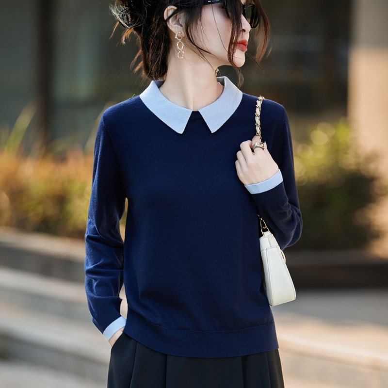 25秋冬含桑蚕丝羊绒长袖polo领假两件针织衫撞色套头显瘦毛衣打底