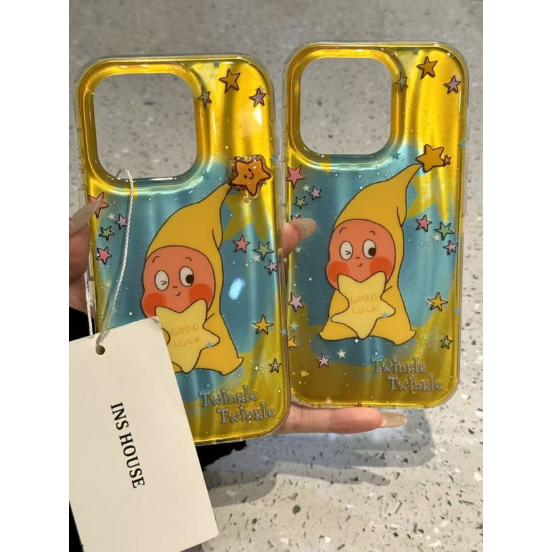 ins黄底长帽抱星星人适用苹果16pro手机壳15流星纹14可爱1312防摔