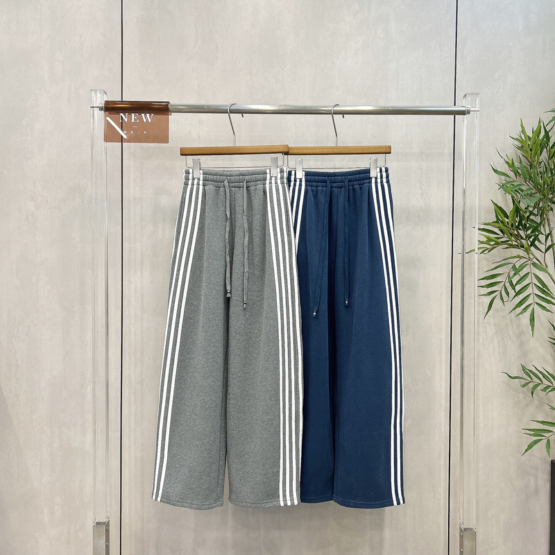 欧洲站冬季新款松紧腰加绒加厚杠条休闲卫裤女百搭直筒长裤S8792