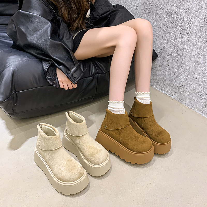 复古圆头厚底勃肯显瘦短靴女2025秋冬新款小个子百搭增高棉马丁靴