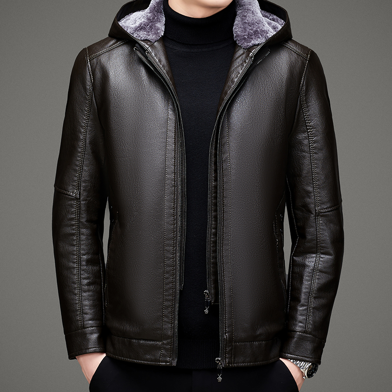 【海宁优选】冬季新款男士可脱卸帽加绒真皮商务休闲皮衣外套爸爸装
