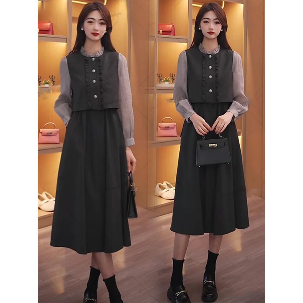 法式时尚连衣裙女2025春季洋气收腰显瘦木耳花边假两件中长款裙子