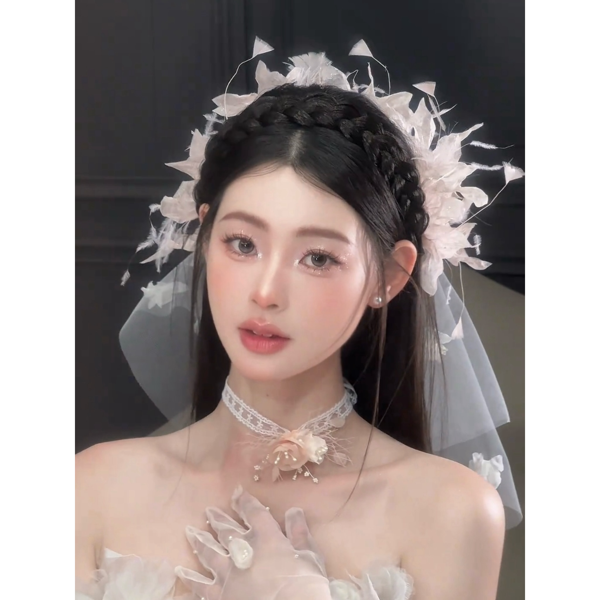 T7024新款超仙粉色花朵羽毛头饰新娘晨袍头饰