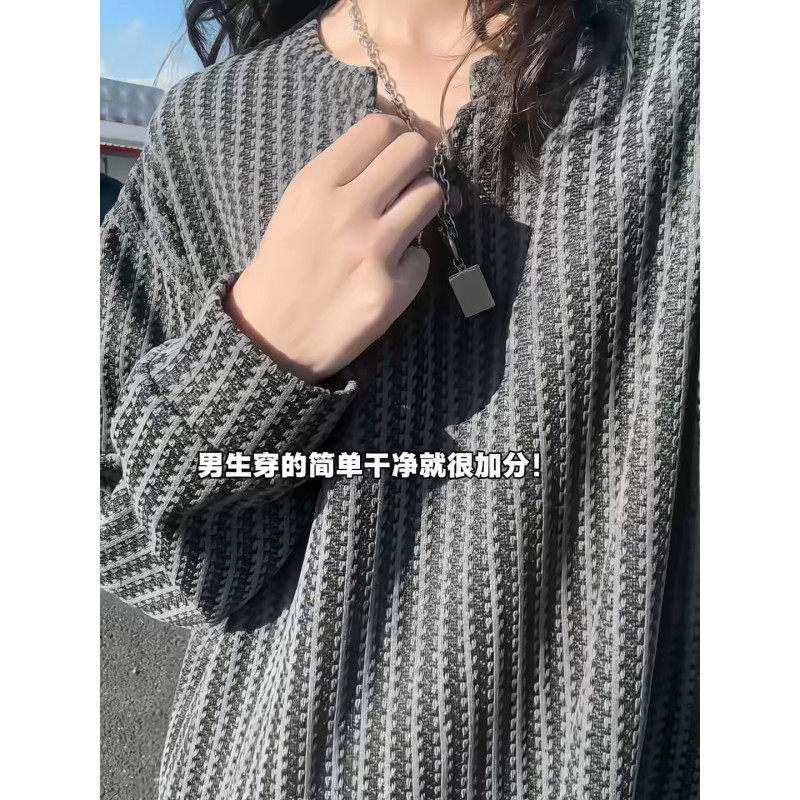 小香风千鸟格v领长袖t恤男款秋季cleanfit内搭打底衫宽松情侣卫衣