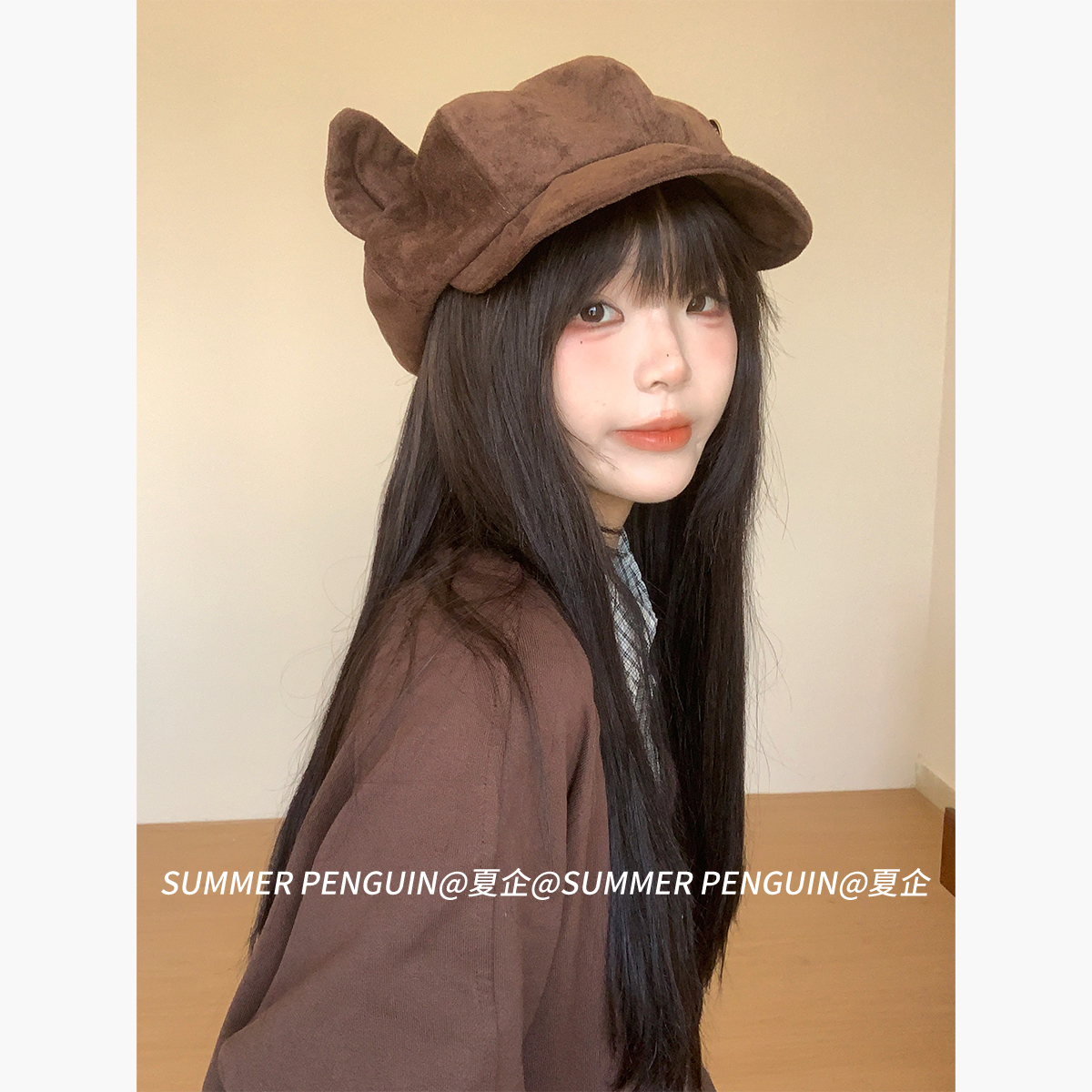 SUMMER PENGUIN复古麂皮绒猫耳朵贝雷帽女秋冬季显脸小画家帽帽子