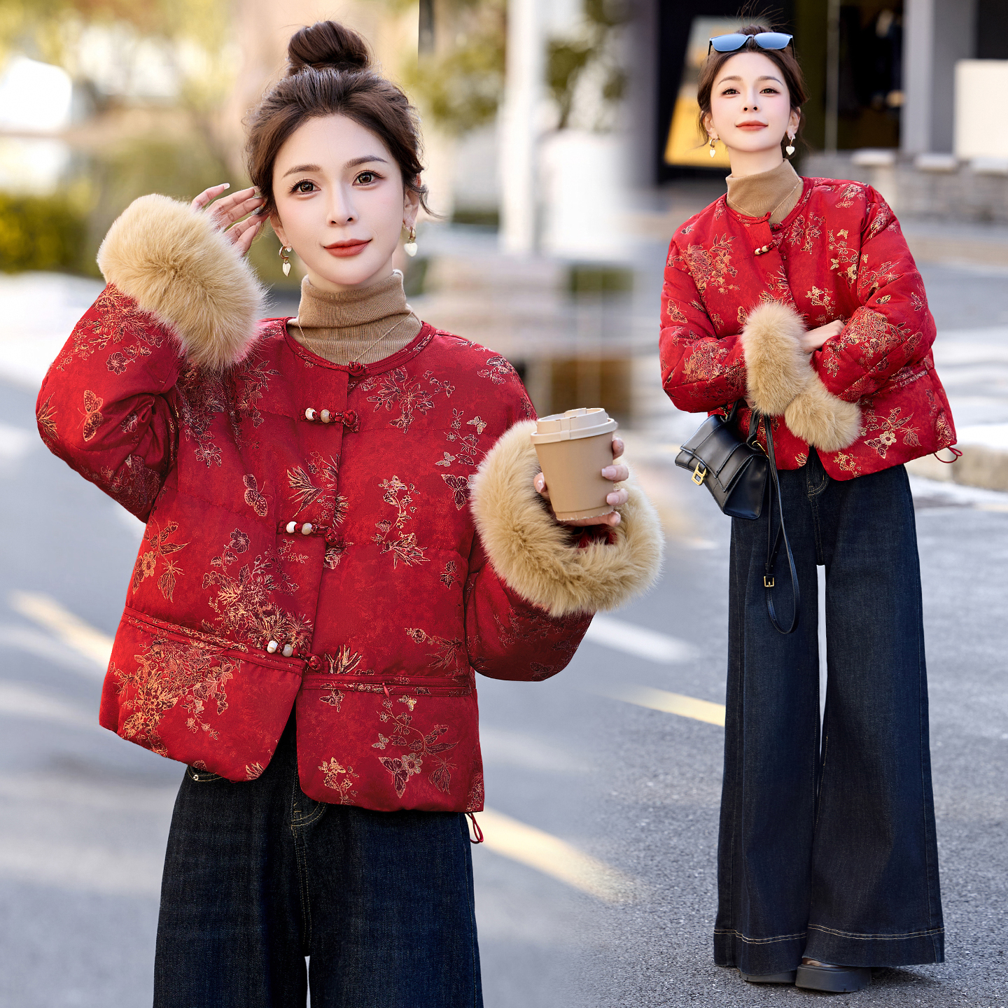 新中式红运拜年羽绒服真狐狸毛袖口可拆卸小个子提花短款保暖外套