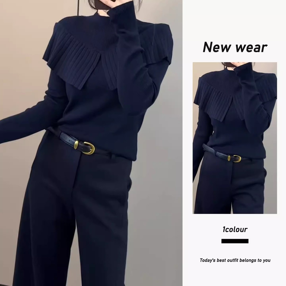 今年流行漂亮洋气独特别致拼接假两件针织衫胖mm大码显瘦圆领毛衣