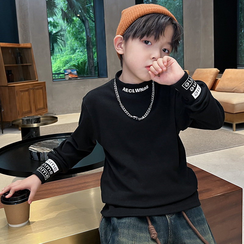 2025新款儿童薄绒打底衣中大童T恤男童冬季时尚德绒半高领打底衫