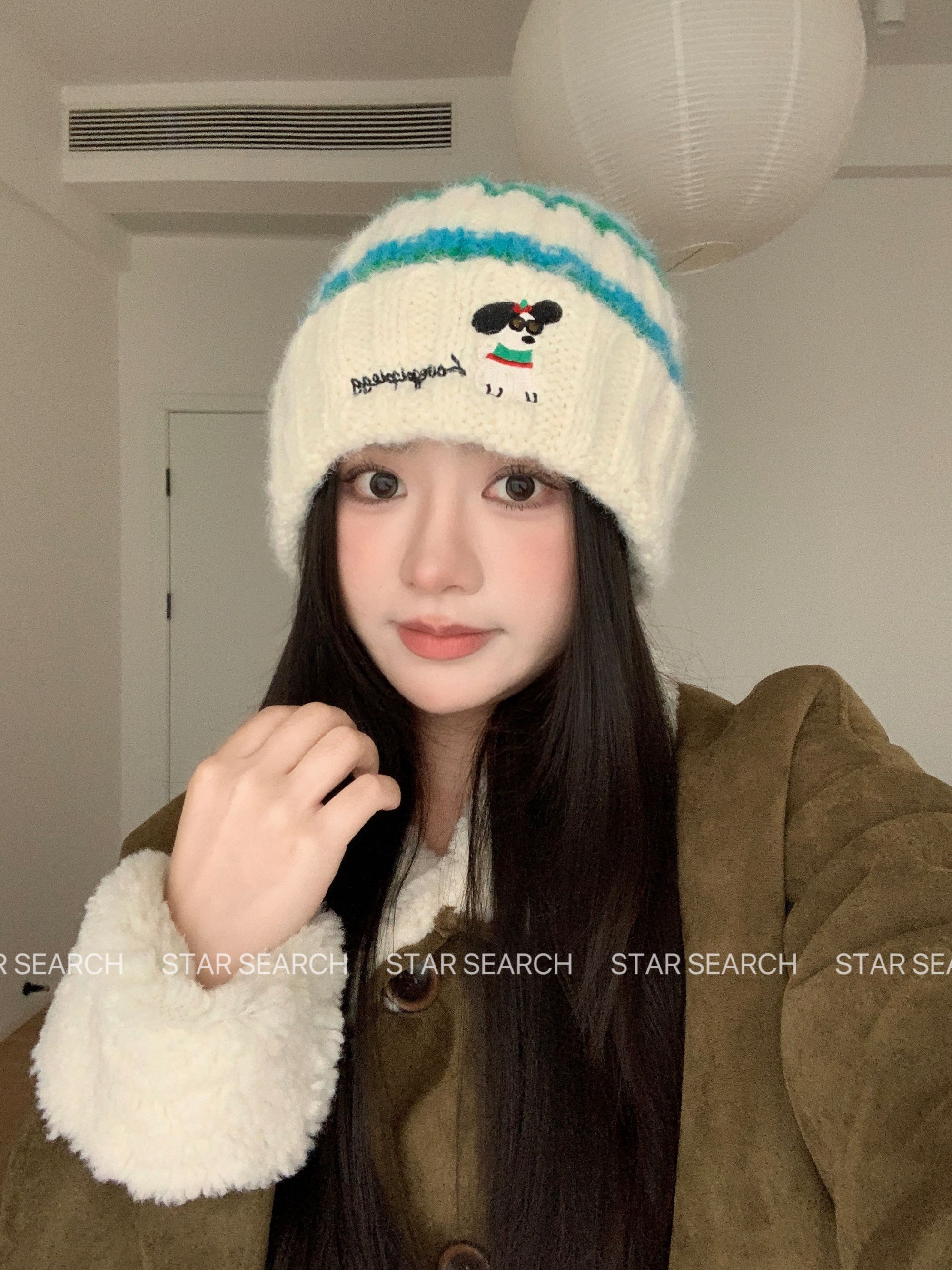 可爱条纹刺绣小狗宽松针织毛线帽子女秋冬保暖大头围显脸小包头帽